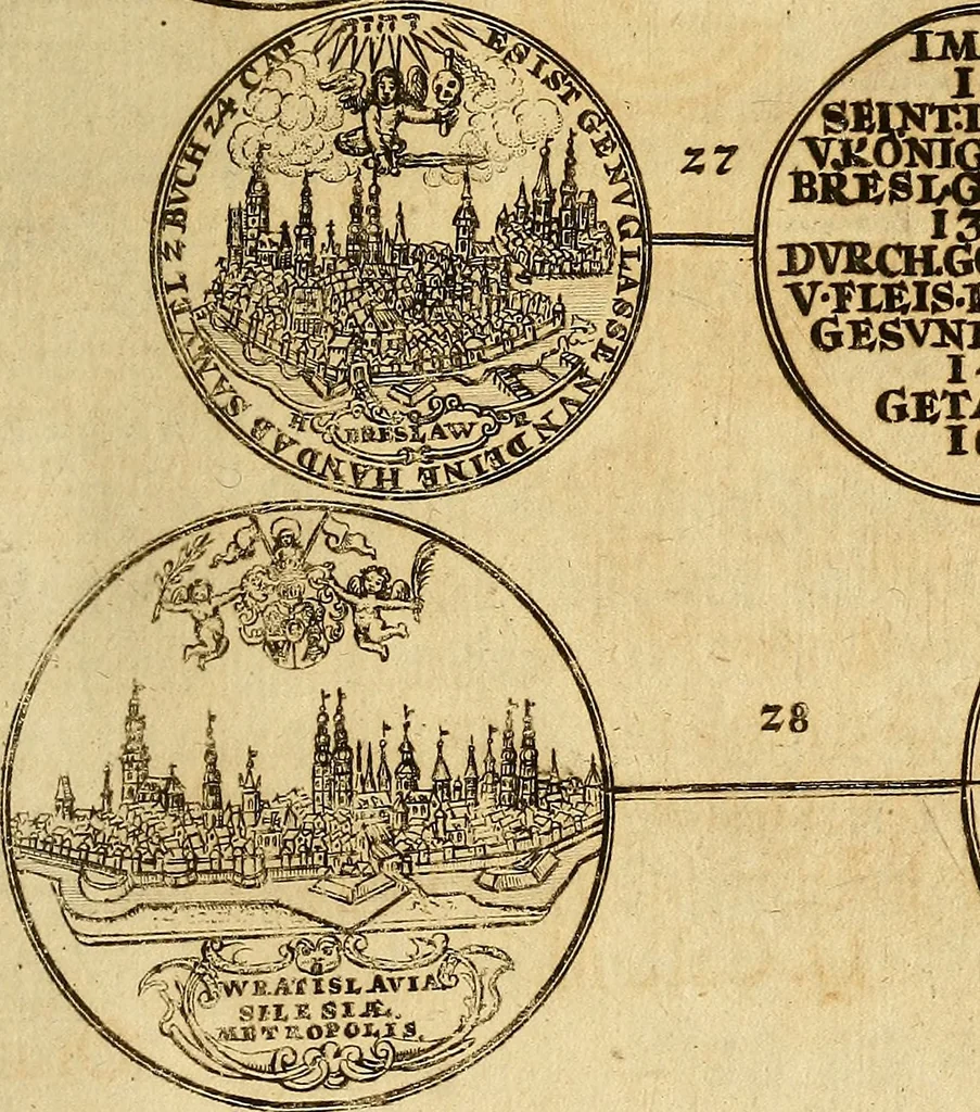 An illustration from Silesia numismatica, oder, Einleitung zu dem schlesischen Müntz-Cabinet : in welchem biss 368 Theils sehr alte rare und schöne, im Lande verfertigte Müntzen durch accurate Kupffer gewiesen, umbständlich erkläret und dabey viele in der schlesischen Historie begangene Fehler deutlich endecket werden, 1711, leaf 858