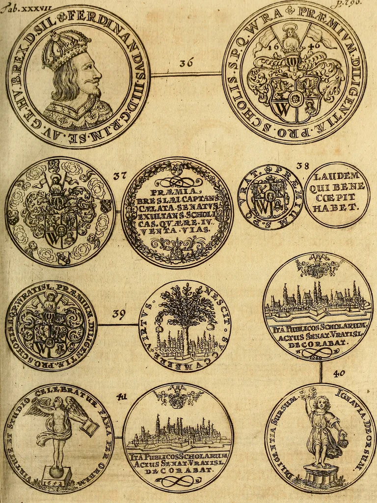 An illustration from Silesia numismatica, oder, Einleitung zu dem schlesischen Müntz-Cabinet : in welchem biss 368 Theils sehr alte rare und schöne, im Lande verfertigte Müntzen durch accurate Kupffer gewiesen, umbständlich erkläret und dabey viele in der schlesischen Historie begangene Fehler deutlich endecket werden, 1711, leaf 872