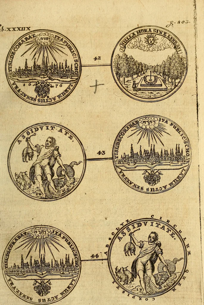 An illustration from Silesia numismatica, oder, Einleitung zu dem schlesischen Müntz-Cabinet : in welchem biss 368 Theils sehr alte rare und schöne, im Lande verfertigte Müntzen durch accurate Kupffer gewiesen, umbständlich erkläret und dabey viele in der schlesischen Historie begangene Fehler deutlich endecket werden, 1711, leaf 880