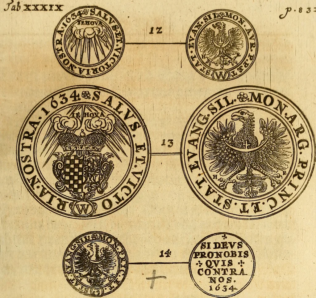 An illustration from Silesia numismatica, oder, Einleitung zu dem schlesischen Müntz-Cabinet : in welchem biss 368 Theils sehr alte rare und schöne, im Lande verfertigte Müntzen durch accurate Kupffer gewiesen, umbständlich erkläret und dabey viele in der schlesischen Historie begangene Fehler deutlich endecket werden, 1711, leaf 914