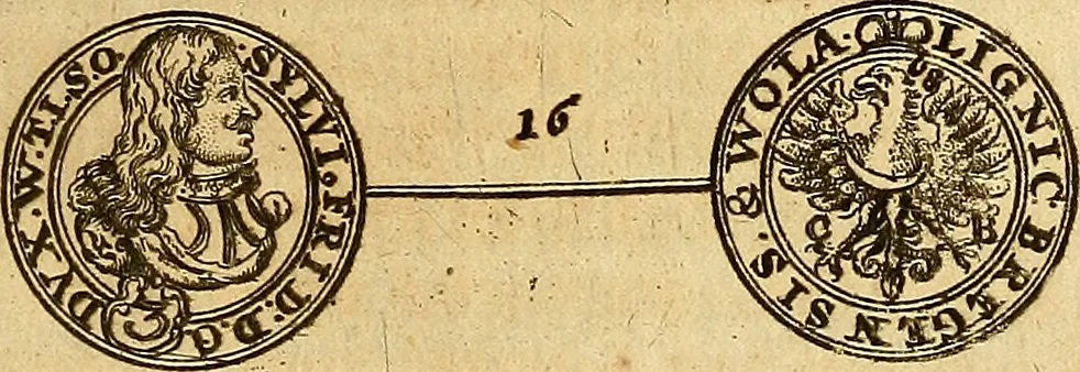 An illustration from Silesia numismatica, oder, Einleitung zu dem schlesischen Müntz-Cabinet : in welchem biss 368 Theils sehr alte rare und schöne, im Lande verfertigte Müntzen durch accurate Kupffer gewiesen, umbständlich erkläret und dabey viele in der schlesischen Historie begangene Fehler deutlich endecket werden, 1711, leaf 914