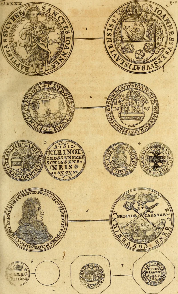 An illustration from Silesia numismatica, oder, Einleitung zu dem schlesischen Müntz-Cabinet : in welchem biss 368 Theils sehr alte rare und schöne, im Lande verfertigte Müntzen durch accurate Kupffer gewiesen, umbständlich erkläret und dabey viele in der schlesischen Historie begangene Fehler deutlich endecket werden, 1711, leaf 924