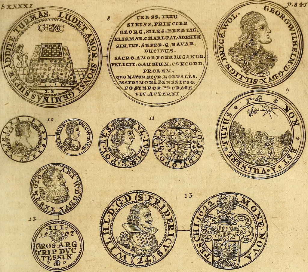 An illustration from Silesia numismatica, oder, Einleitung zu dem schlesischen Müntz-Cabinet : in welchem biss 368 Theils sehr alte rare und schöne, im Lande verfertigte Müntzen durch accurate Kupffer gewiesen, umbständlich erkläret und dabey viele in der schlesischen Historie begangene Fehler deutlich endecket werden, 1711, leaf 930