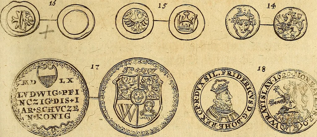 An illustration from Silesia numismatica, oder, Einleitung zu dem schlesischen Müntz-Cabinet : in welchem biss 368 Theils sehr alte rare und schöne, im Lande verfertigte Müntzen durch accurate Kupffer gewiesen, umbständlich erkläret und dabey viele in der schlesischen Historie begangene Fehler deutlich endecket werden, 1711, leaf 930