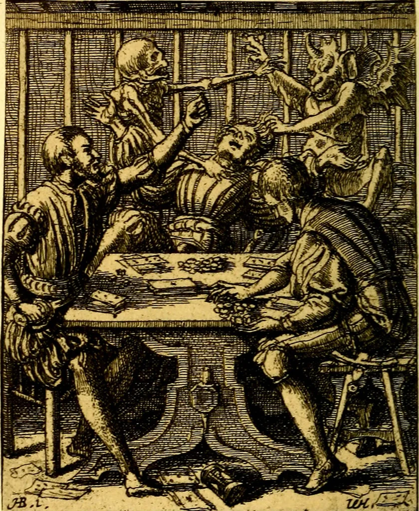 An illustration from Simolachri, historie, e figure de la morte. La medicina de l'anima [di Urbanus Rhegius] Il modo, e la via di consolar gl'infermi. Un sermone di San Cipriano, de la mortalità. Due orationi, l'una à Dio, e l'altra à Christo. Un sermone di D. Giovan Chrisostomo, che ci essorta à patienza. Aiuntovi de novo molte figure mai più stampate, 1549, leaf 103