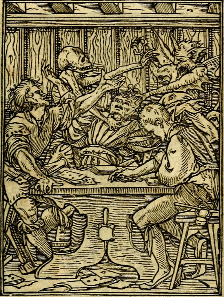 An illustration from Simolachri, historie, e figure de la morte. La medicina de l'anima [di Urbanus Rhegius] Il modo, e la via di consolar gl'infermi. Un sermone di San Cipriano, de la mortalità. Due orationi, l'una à Dio, e l'altra à Christo. Un sermone di D. Giovan Chrisostomo, che ci essorta à patienza. Aiuntovi de novo molte figure mai più stampate, 1549, leaf 104