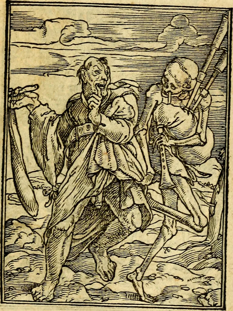 An illustration from Simolachri, historie, e figure de la morte. La medicina de l'anima [di Urbanus Rhegius] Il modo, e la via di consolar gl'infermi. Un sermone di San Cipriano, de la mortalità. Due orationi, l'una à Dio, e l'altra à Christo. Un sermone di D. Giovan Chrisostomo, che ci essorta à patienza. Aiuntovi de novo molte figure mai più stampate, 1549, leaf 106