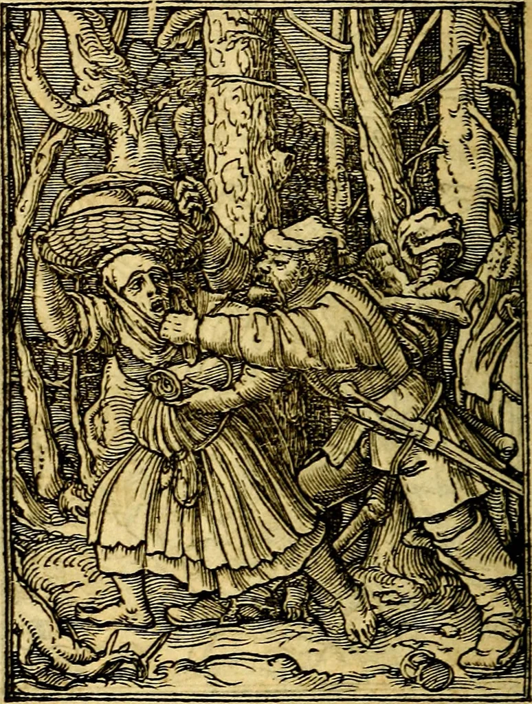 An illustration from Simolachri, historie, e figure de la morte. La medicina de l'anima [di Urbanus Rhegius] Il modo, e la via di consolar gl'infermi. Un sermone di San Cipriano, de la mortalità. Due orationi, l'una à Dio, e l'altra à Christo. Un sermone di D. Giovan Chrisostomo, che ci essorta à patienza. Aiuntovi de novo molte figure mai più stampate, 1549, leaf 107