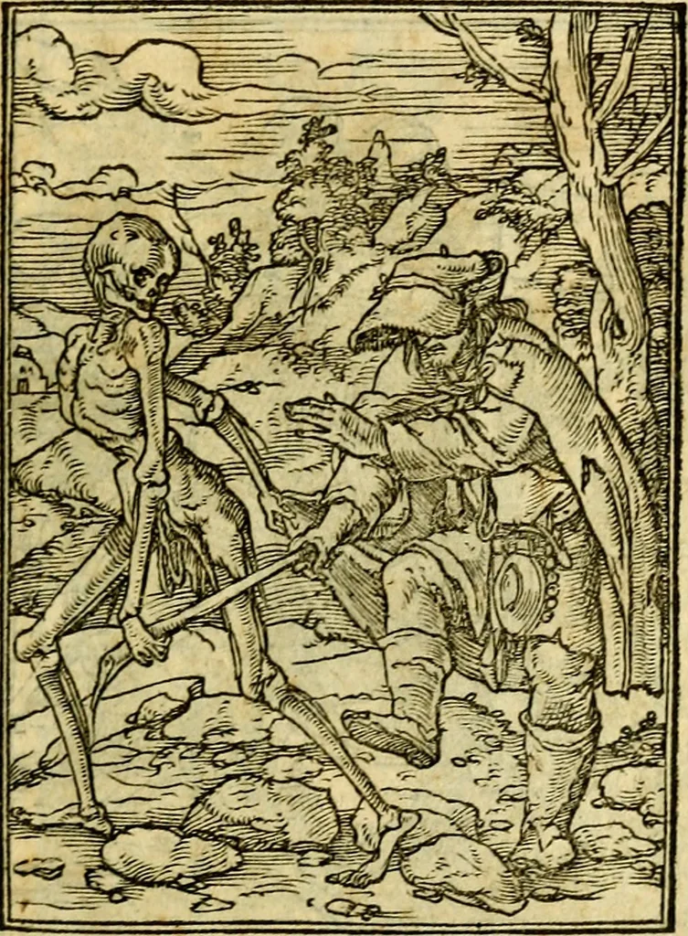 An illustration from Simolachri, historie, e figure de la morte. La medicina de l'anima [di Urbanus Rhegius] Il modo, e la via di consolar gl'infermi. Un sermone di San Cipriano, de la mortalità. Due orationi, l'una à Dio, e l'altra à Christo. Un sermone di D. Giovan Chrisostomo, che ci essorta à patienza. Aiuntovi de novo molte figure mai più stampate, 1549, leaf 108