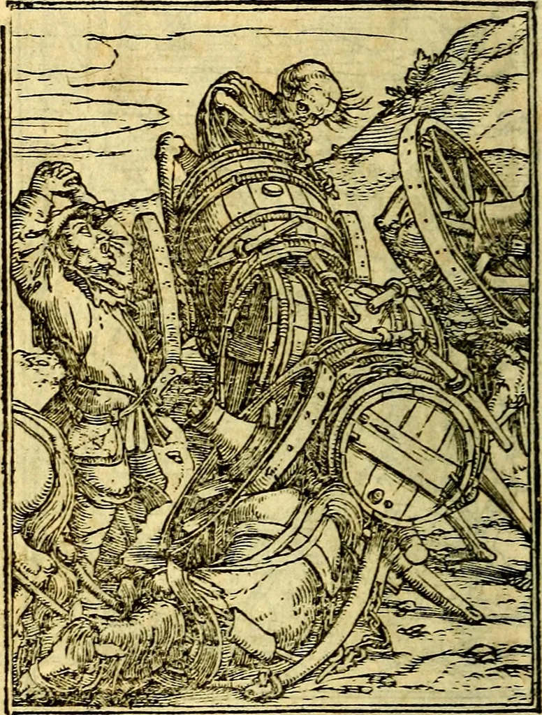 An illustration from Simolachri, historie, e figure de la morte. La medicina de l'anima [di Urbanus Rhegius] Il modo, e la via di consolar gl'infermi. Un sermone di San Cipriano, de la mortalità. Due orationi, l'una à Dio, e l'altra à Christo. Un sermone di D. Giovan Chrisostomo, che ci essorta à patienza. Aiuntovi de novo molte figure mai più stampate, 1549, leaf 109