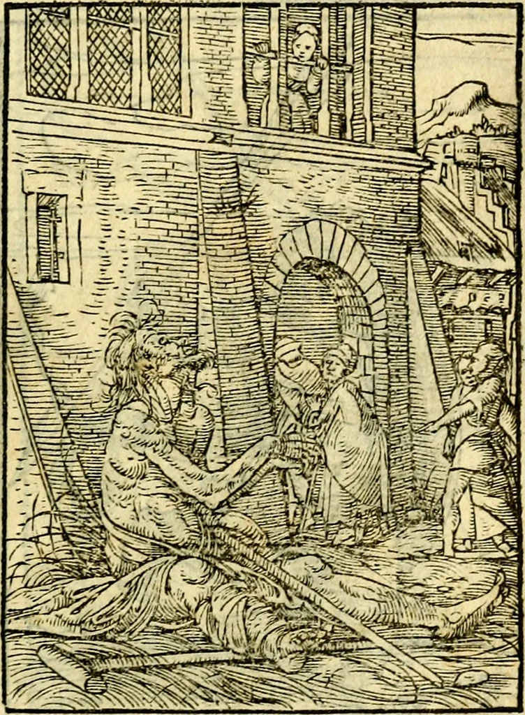 An illustration from Simolachri, historie, e figure de la morte. La medicina de l'anima [di Urbanus Rhegius] Il modo, e la via di consolar gl'infermi. Un sermone di San Cipriano, de la mortalità. Due orationi, l'una à Dio, e l'altra à Christo. Un sermone di D. Giovan Chrisostomo, che ci essorta à patienza. Aiuntovi de novo molte figure mai più stampate, 1549, leaf 112