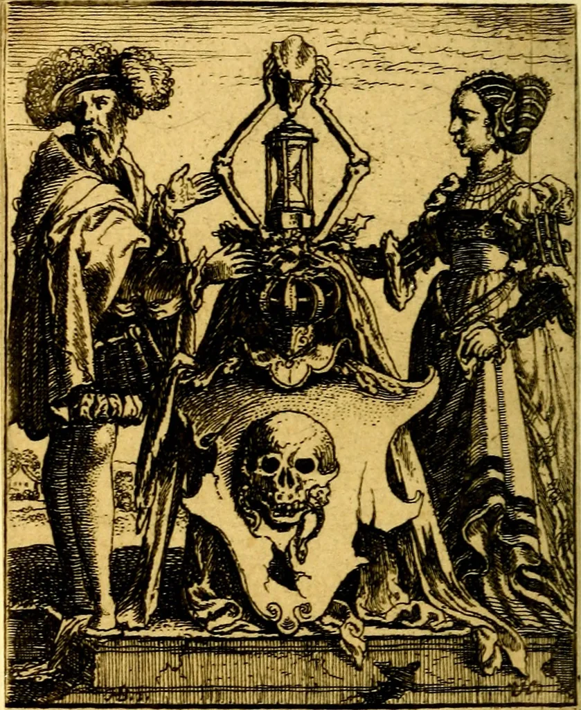 An illustration from Simolachri, historie, e figure de la morte. La medicina de l'anima [di Urbanus Rhegius] Il modo, e la via di consolar gl'infermi. Un sermone di San Cipriano, de la mortalità. Due orationi, l'una à Dio, e l'altra à Christo. Un sermone di D. Giovan Chrisostomo, che ci essorta à patienza. Aiuntovi de novo molte figure mai più stampate, 1549, leaf 119