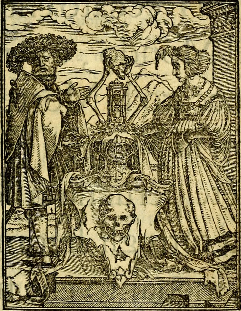 An illustration from Simolachri, historie, e figure de la morte. La medicina de l'anima [di Urbanus Rhegius] Il modo, e la via di consolar gl'infermi. Un sermone di San Cipriano, de la mortalità. Due orationi, l'una à Dio, e l'altra à Christo. Un sermone di D. Giovan Chrisostomo, che ci essorta à patienza. Aiuntovi de novo molte figure mai più stampate, 1549, leaf 120