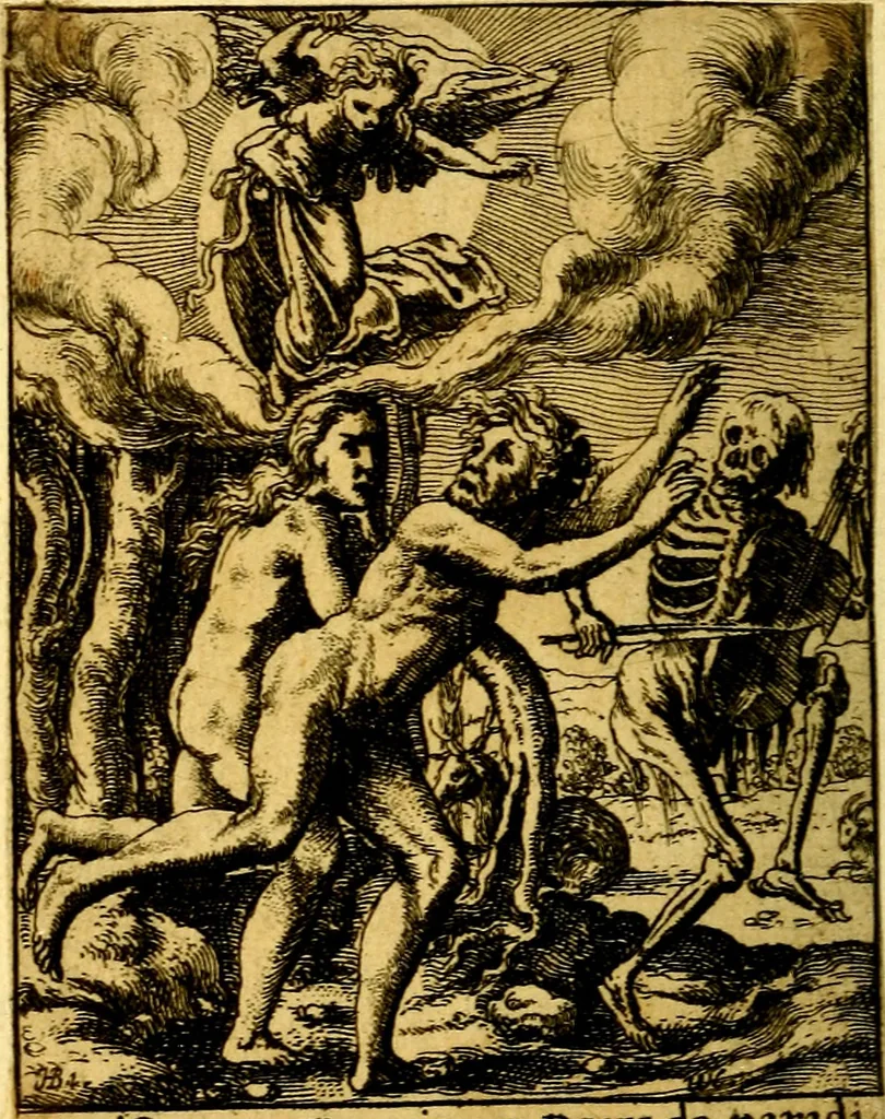 An illustration from Simolachri, historie, e figure de la morte. La medicina de l'anima [di Urbanus Rhegius] Il modo, e la via di consolar gl'infermi. Un sermone di San Cipriano, de la mortalità. Due orationi, l'una à Dio, e l'altra à Christo. Un sermone di D. Giovan Chrisostomo, che ci essorta à patienza. Aiuntovi de novo molte figure mai più stampate, 1549, leaf 13