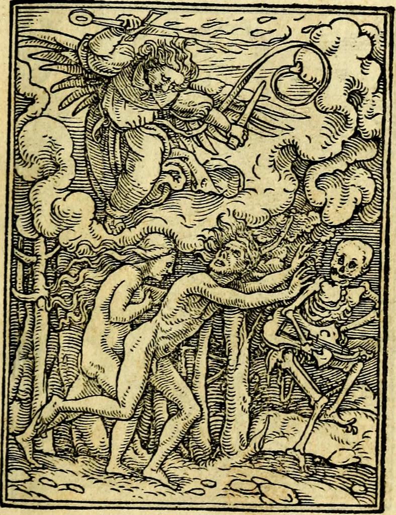 An illustration from Simolachri, historie, e figure de la morte. La medicina de l'anima [di Urbanus Rhegius] Il modo, e la via di consolar gl'infermi. Un sermone di San Cipriano, de la mortalità. Due orationi, l'una à Dio, e l'altra à Christo. Un sermone di D. Giovan Chrisostomo, che ci essorta à patienza. Aiuntovi de novo molte figure mai più stampate, 1549, leaf 14