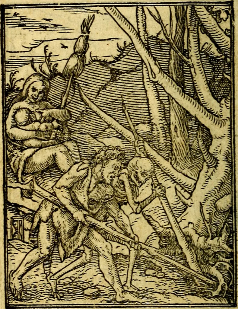 An illustration from Simolachri, historie, e figure de la morte. La medicina de l'anima [di Urbanus Rhegius] Il modo, e la via di consolar gl'infermi. Un sermone di San Cipriano, de la mortalità. Due orationi, l'una à Dio, e l'altra à Christo. Un sermone di D. Giovan Chrisostomo, che ci essorta à patienza. Aiuntovi de novo molte figure mai più stampate, 1549, leaf 15