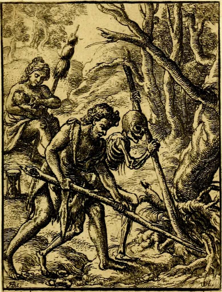 An illustration from Simolachri, historie, e figure de la morte. La medicina de l'anima [di Urbanus Rhegius] Il modo, e la via di consolar gl'infermi. Un sermone di San Cipriano, de la mortalità. Due orationi, l'una à Dio, e l'altra à Christo. Un sermone di D. Giovan Chrisostomo, che ci essorta à patienza. Aiuntovi de novo molte figure mai più stampate, 1549, leaf 16