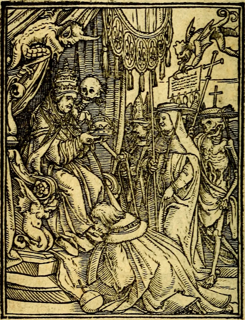 An illustration from Simolachri, historie, e figure de la morte. La medicina de l'anima [di Urbanus Rhegius] Il modo, e la via di consolar gl'infermi. Un sermone di San Cipriano, de la mortalità. Due orationi, l'una à Dio, e l'altra à Christo. Un sermone di D. Giovan Chrisostomo, che ci essorta à patienza. Aiuntovi de novo molte figure mai più stampate, 1549, leaf 19