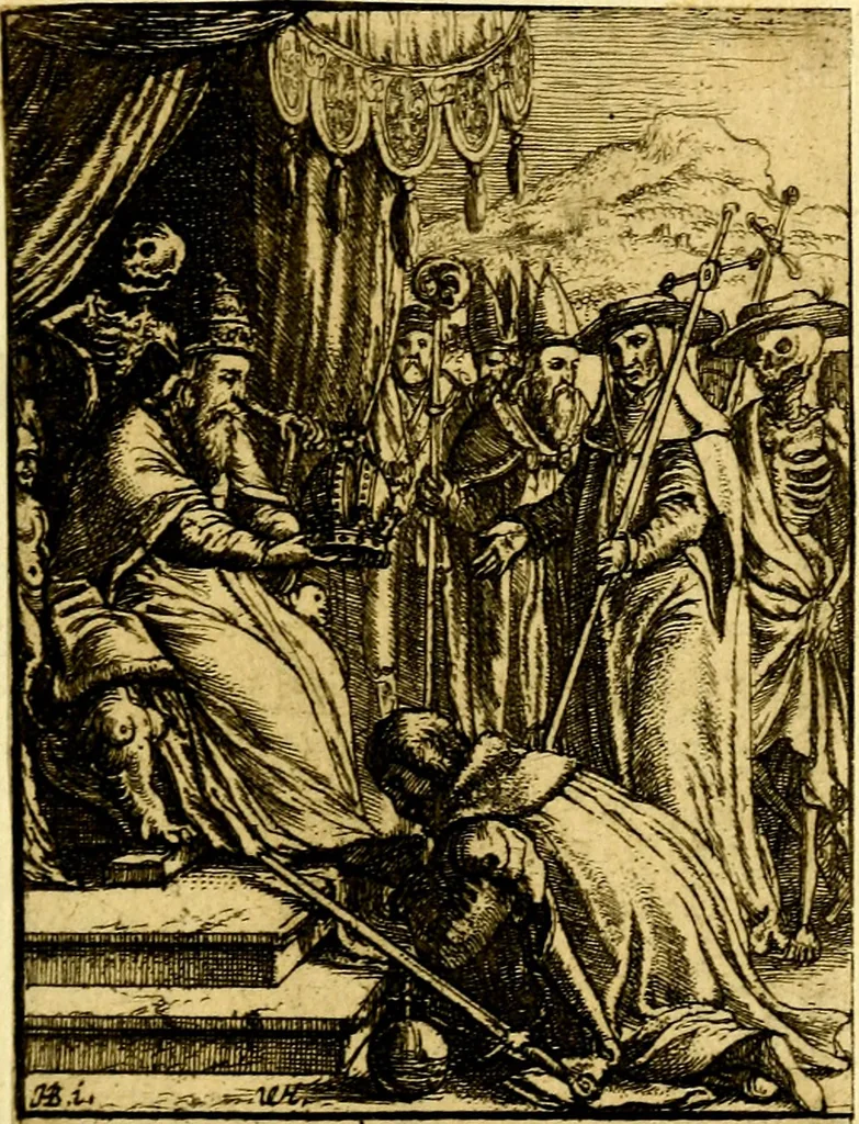 An illustration from Simolachri, historie, e figure de la morte. La medicina de l'anima [di Urbanus Rhegius] Il modo, e la via di consolar gl'infermi. Un sermone di San Cipriano, de la mortalità. Due orationi, l'una à Dio, e l'altra à Christo. Un sermone di D. Giovan Chrisostomo, che ci essorta à patienza. Aiuntovi de novo molte figure mai più stampate, 1549, leaf 20