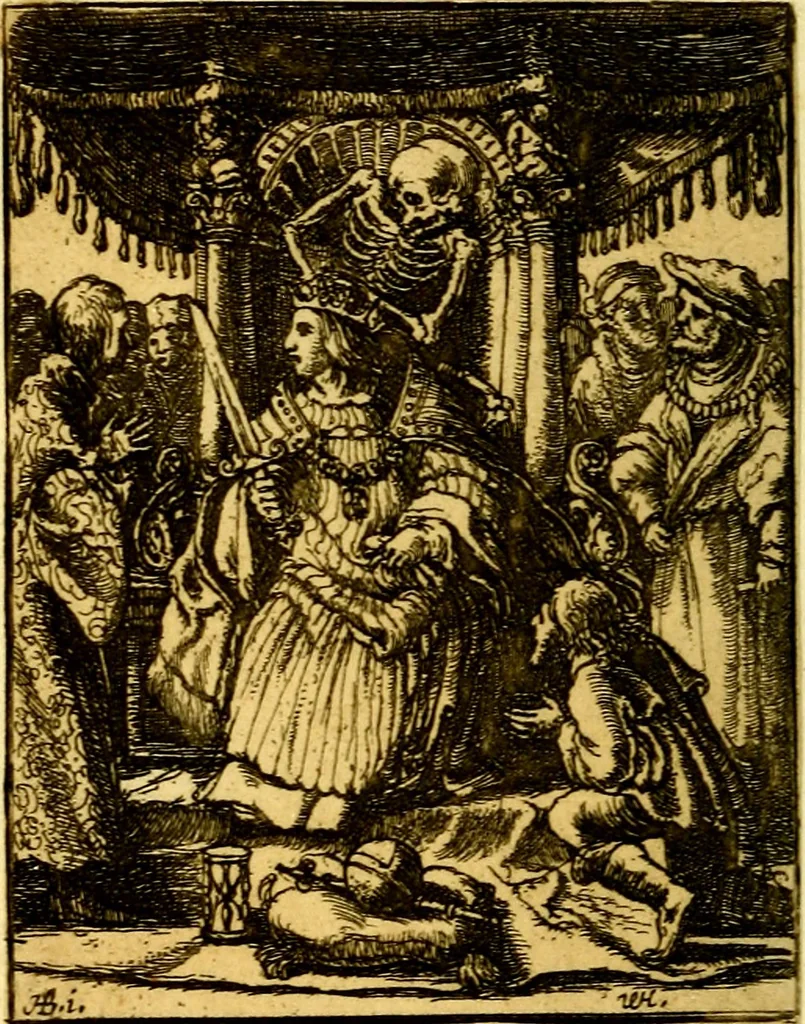 An illustration from Simolachri, historie, e figure de la morte. La medicina de l'anima [di Urbanus Rhegius] Il modo, e la via di consolar gl'infermi. Un sermone di San Cipriano, de la mortalità. Due orationi, l'una à Dio, e l'altra à Christo. Un sermone di D. Giovan Chrisostomo, che ci essorta à patienza. Aiuntovi de novo molte figure mai più stampate, 1549, leaf 23