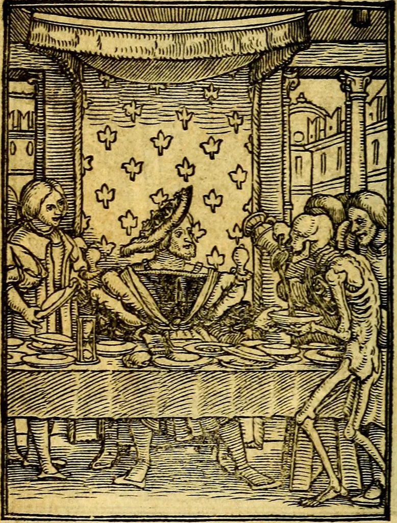 An illustration from Simolachri, historie, e figure de la morte. La medicina de l'anima [di Urbanus Rhegius] Il modo, e la via di consolar gl'infermi. Un sermone di San Cipriano, de la mortalità. Due orationi, l'una à Dio, e l'altra à Christo. Un sermone di D. Giovan Chrisostomo, che ci essorta à patienza. Aiuntovi de novo molte figure mai più stampate, 1549, leaf 25