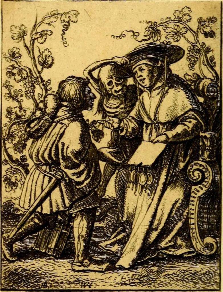 An illustration from Simolachri, historie, e figure de la morte. La medicina de l'anima [di Urbanus Rhegius] Il modo, e la via di consolar gl'infermi. Un sermone di San Cipriano, de la mortalità. Due orationi, l'una à Dio, e l'altra à Christo. Un sermone di D. Giovan Chrisostomo, che ci essorta à patienza. Aiuntovi de novo molte figure mai più stampate, 1549, leaf 27