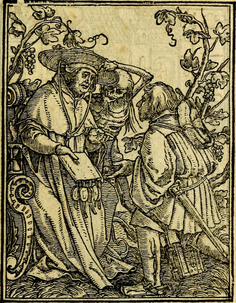An illustration from Simolachri, historie, e figure de la morte. La medicina de l'anima [di Urbanus Rhegius] Il modo, e la via di consolar gl'infermi. Un sermone di San Cipriano, de la mortalità. Due orationi, l'una à Dio, e l'altra à Christo. Un sermone di D. Giovan Chrisostomo, che ci essorta à patienza. Aiuntovi de novo molte figure mai più stampate, 1549, leaf 28