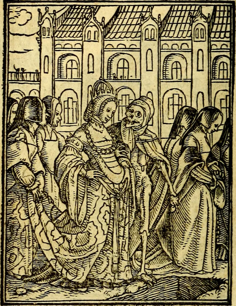 An illustration from Simolachri, historie, e figure de la morte. La medicina de l'anima [di Urbanus Rhegius] Il modo, e la via di consolar gl'infermi. Un sermone di San Cipriano, de la mortalità. Due orationi, l'una à Dio, e l'altra à Christo. Un sermone di D. Giovan Chrisostomo, che ci essorta à patienza. Aiuntovi de novo molte figure mai più stampate, 1549, leaf 29