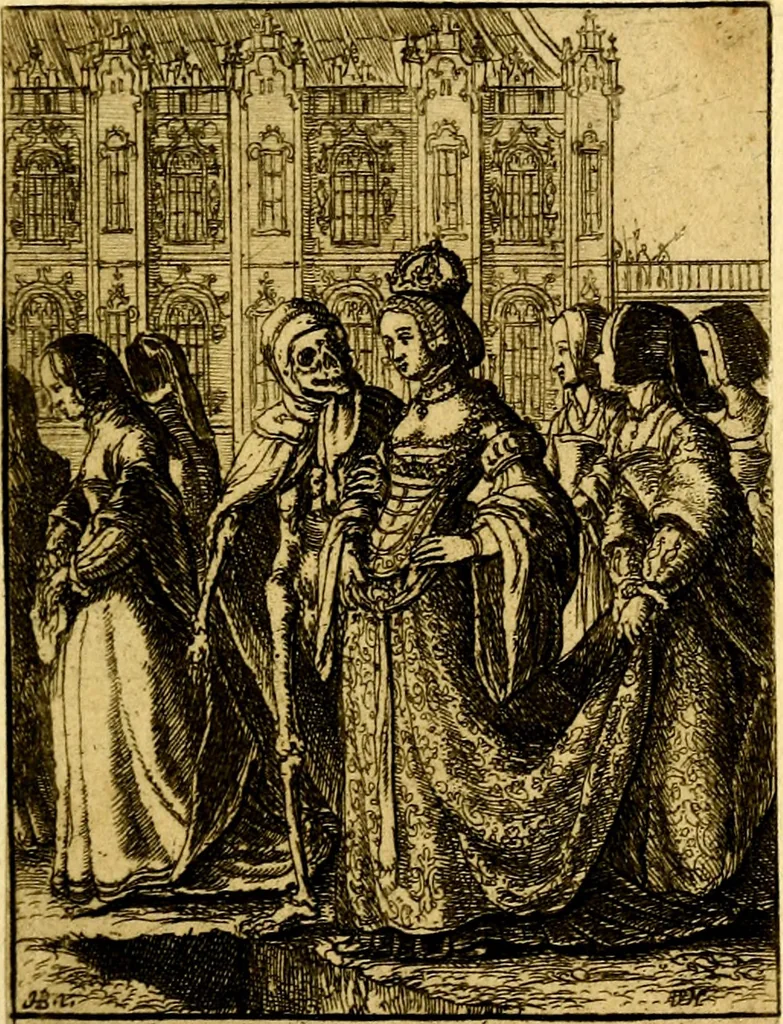 An illustration from Simolachri, historie, e figure de la morte. La medicina de l'anima [di Urbanus Rhegius] Il modo, e la via di consolar gl'infermi. Un sermone di San Cipriano, de la mortalità. Due orationi, l'una à Dio, e l'altra à Christo. Un sermone di D. Giovan Chrisostomo, che ci essorta à patienza. Aiuntovi de novo molte figure mai più stampate, 1549, leaf 30