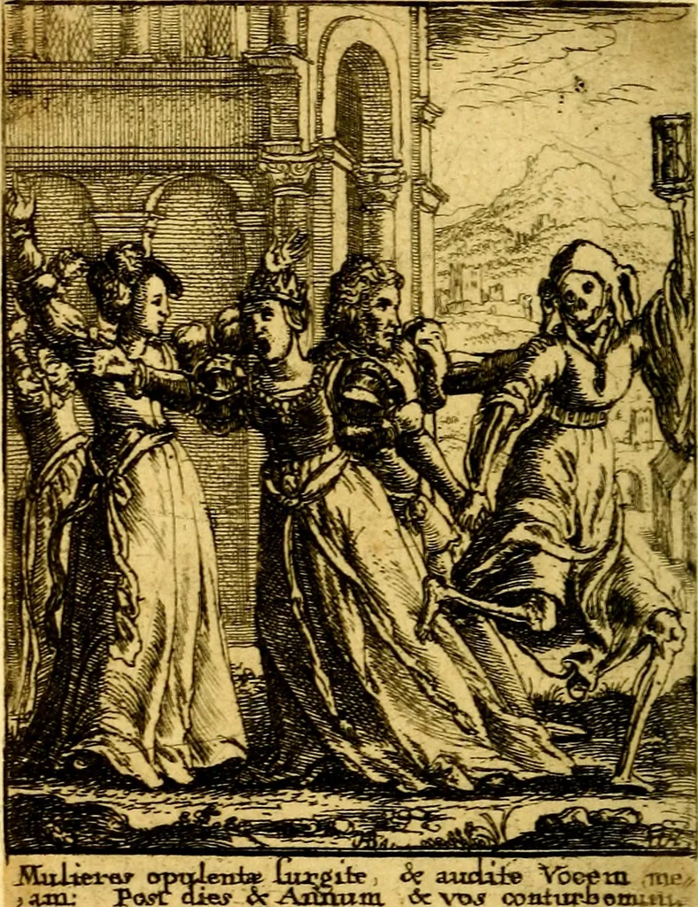 An illustration from Simolachri, historie, e figure de la morte. La medicina de l'anima [di Urbanus Rhegius] Il modo, e la via di consolar gl'infermi. Un sermone di San Cipriano, de la mortalità. Due orationi, l'una à Dio, e l'altra à Christo. Un sermone di D. Giovan Chrisostomo, che ci essorta à patienza. Aiuntovi de novo molte figure mai più stampate, 1549, leaf 33