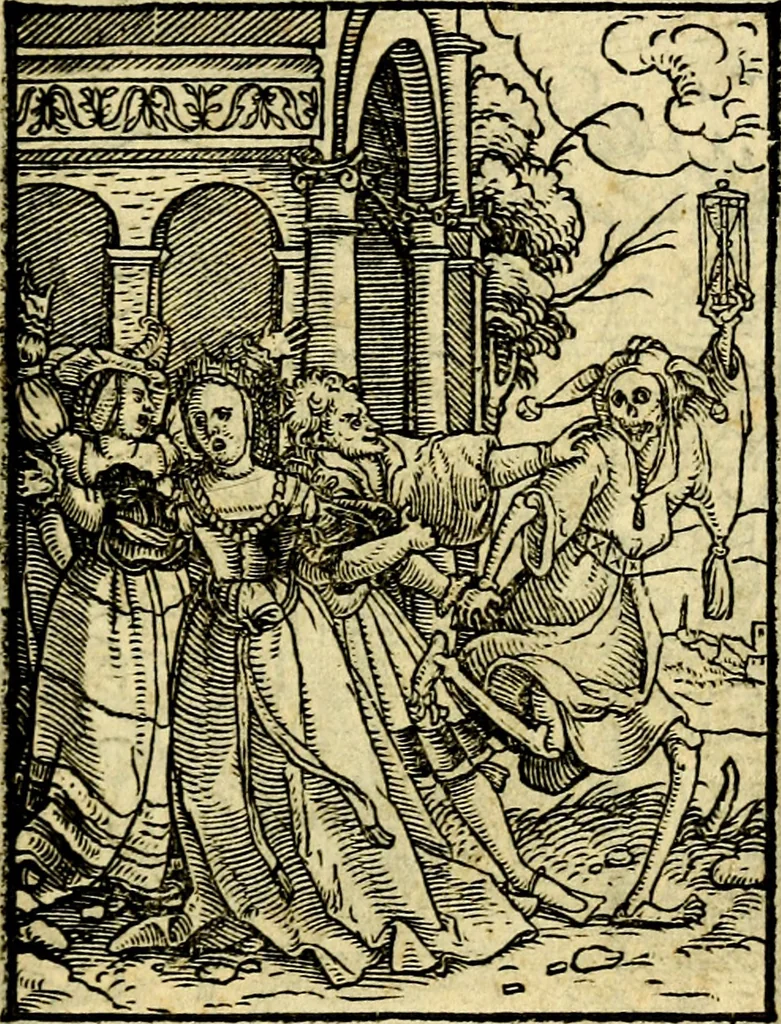 An illustration from Simolachri, historie, e figure de la morte. La medicina de l'anima [di Urbanus Rhegius] Il modo, e la via di consolar gl'infermi. Un sermone di San Cipriano, de la mortalità. Due orationi, l'una à Dio, e l'altra à Christo. Un sermone di D. Giovan Chrisostomo, che ci essorta à patienza. Aiuntovi de novo molte figure mai più stampate, 1549, leaf 34