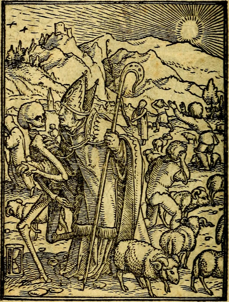 An illustration from Simolachri, historie, e figure de la morte. La medicina de l'anima [di Urbanus Rhegius] Il modo, e la via di consolar gl'infermi. Un sermone di San Cipriano, de la mortalità. Due orationi, l'una à Dio, e l'altra à Christo. Un sermone di D. Giovan Chrisostomo, che ci essorta à patienza. Aiuntovi de novo molte figure mai più stampate, 1549, leaf 35