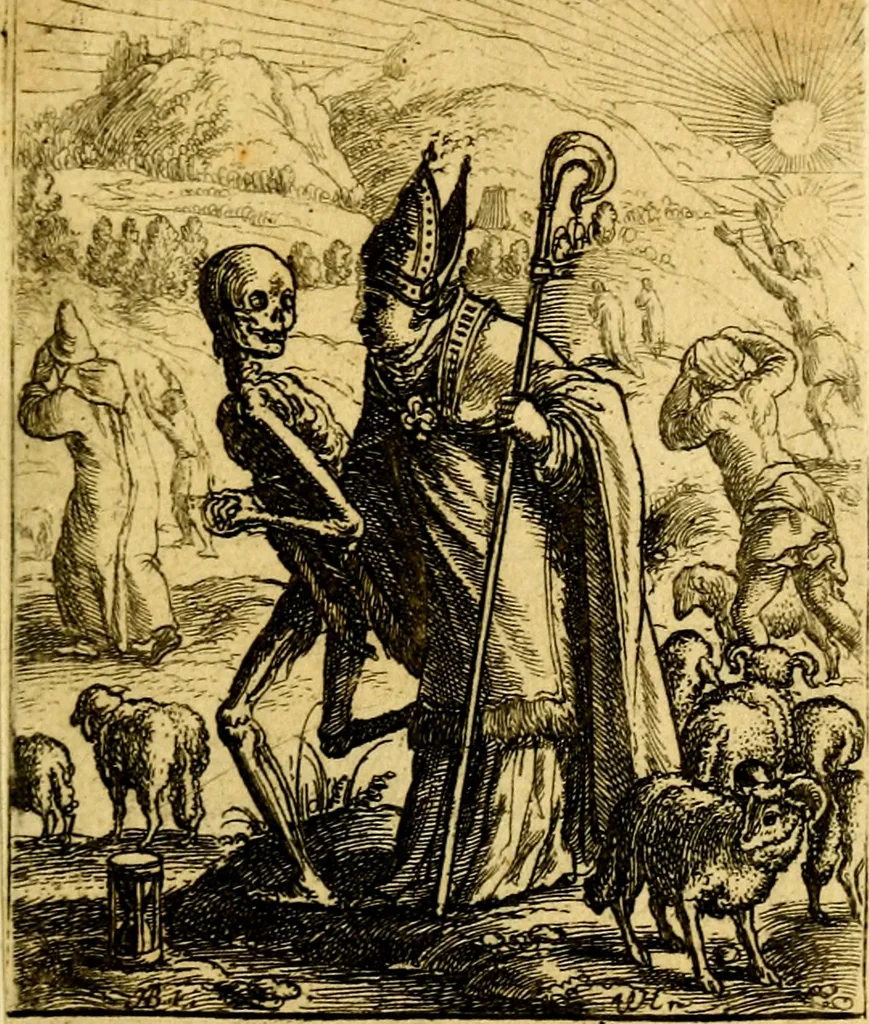 An illustration from Simolachri, historie, e figure de la morte. La medicina de l'anima [di Urbanus Rhegius] Il modo, e la via di consolar gl'infermi. Un sermone di San Cipriano, de la mortalità. Due orationi, l'una à Dio, e l'altra à Christo. Un sermone di D. Giovan Chrisostomo, che ci essorta à patienza. Aiuntovi de novo molte figure mai più stampate, 1549, leaf 36