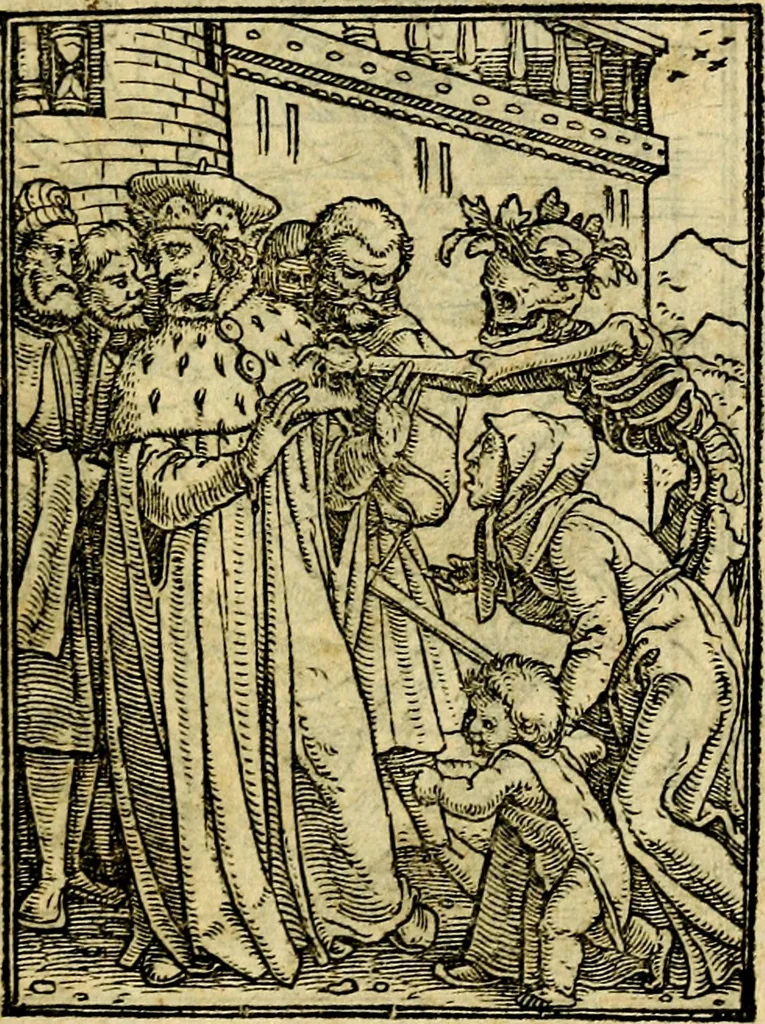 An illustration from Simolachri, historie, e figure de la morte. La medicina de l'anima [di Urbanus Rhegius] Il modo, e la via di consolar gl'infermi. Un sermone di San Cipriano, de la mortalità. Due orationi, l'una à Dio, e l'altra à Christo. Un sermone di D. Giovan Chrisostomo, che ci essorta à patienza. Aiuntovi de novo molte figure mai più stampate, 1549, leaf 40