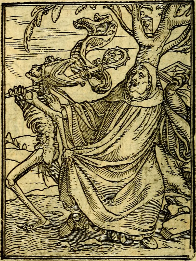 An illustration from Simolachri, historie, e figure de la morte. La medicina de l'anima [di Urbanus Rhegius] Il modo, e la via di consolar gl'infermi. Un sermone di San Cipriano, de la mortalità. Due orationi, l'una à Dio, e l'altra à Christo. Un sermone di D. Giovan Chrisostomo, che ci essorta à patienza. Aiuntovi de novo molte figure mai più stampate, 1549, leaf 41