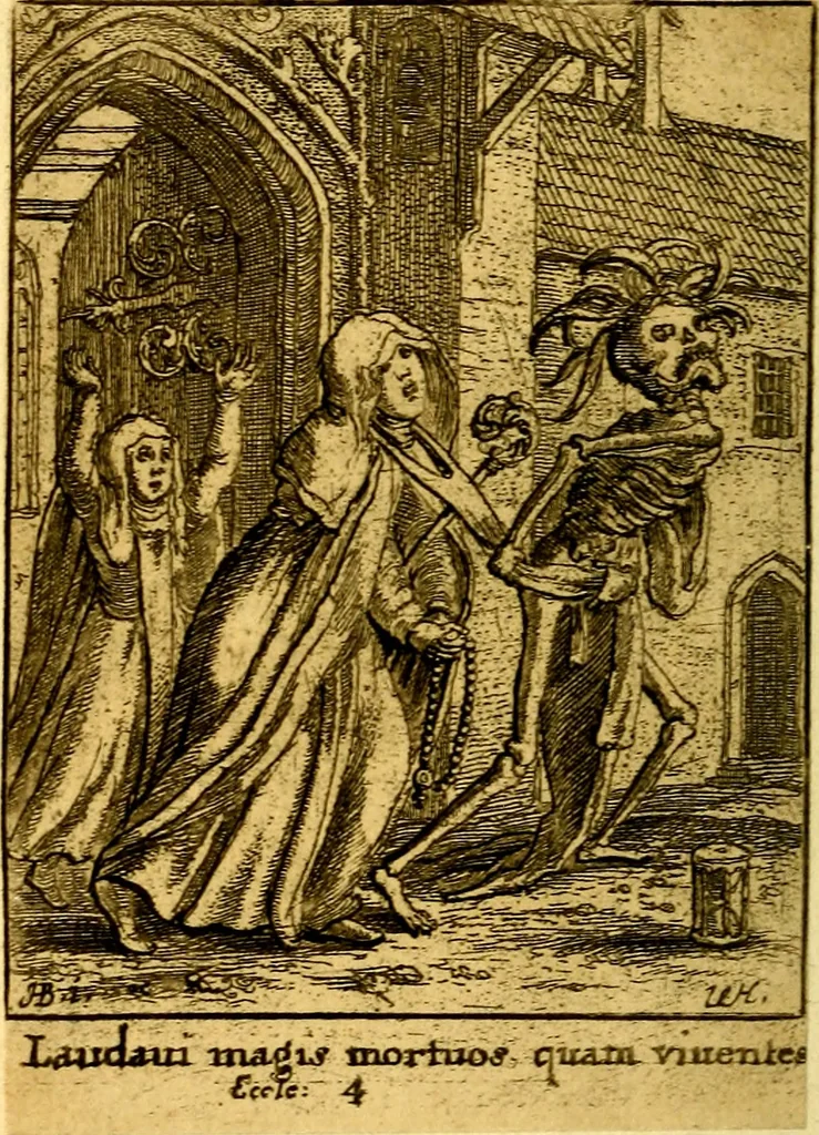 An illustration from Simolachri, historie, e figure de la morte. La medicina de l'anima [di Urbanus Rhegius] Il modo, e la via di consolar gl'infermi. Un sermone di San Cipriano, de la mortalità. Due orationi, l'una à Dio, e l'altra à Christo. Un sermone di D. Giovan Chrisostomo, che ci essorta à patienza. Aiuntovi de novo molte figure mai più stampate, 1549, leaf 45