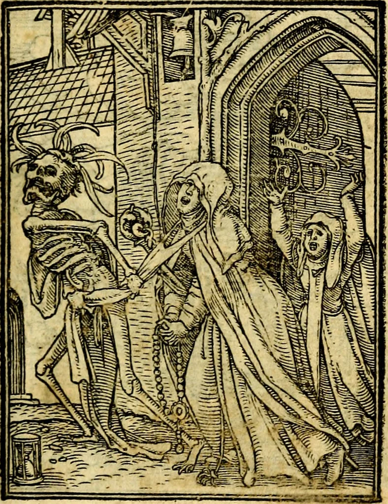 An illustration from Simolachri, historie, e figure de la morte. La medicina de l'anima [di Urbanus Rhegius] Il modo, e la via di consolar gl'infermi. Un sermone di San Cipriano, de la mortalità. Due orationi, l'una à Dio, e l'altra à Christo. Un sermone di D. Giovan Chrisostomo, che ci essorta à patienza. Aiuntovi de novo molte figure mai più stampate, 1549, leaf 46