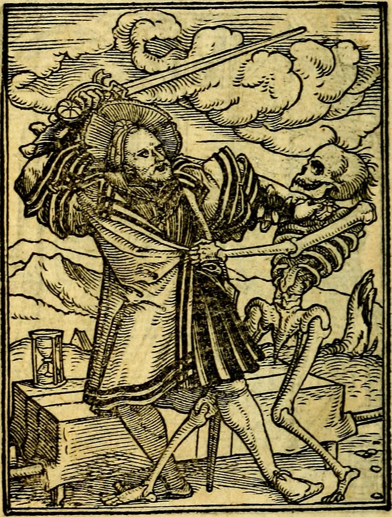 An illustration from Simolachri, historie, e figure de la morte. La medicina de l'anima [di Urbanus Rhegius] Il modo, e la via di consolar gl'infermi. Un sermone di San Cipriano, de la mortalità. Due orationi, l'una à Dio, e l'altra à Christo. Un sermone di D. Giovan Chrisostomo, che ci essorta à patienza. Aiuntovi de novo molte figure mai più stampate, 1549, leaf 47