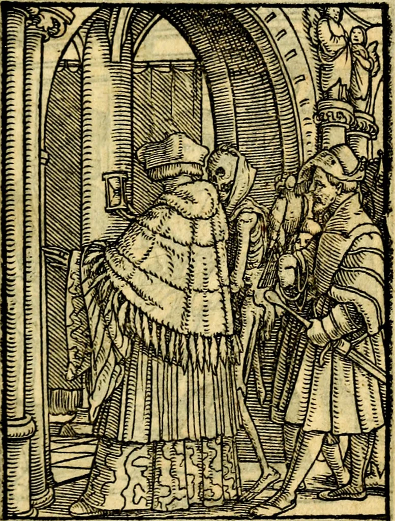 An illustration from Simolachri, historie, e figure de la morte. La medicina de l'anima [di Urbanus Rhegius] Il modo, e la via di consolar gl'infermi. Un sermone di San Cipriano, de la mortalità. Due orationi, l'una à Dio, e l'altra à Christo. Un sermone di D. Giovan Chrisostomo, che ci essorta à patienza. Aiuntovi de novo molte figure mai più stampate, 1549, leaf 48