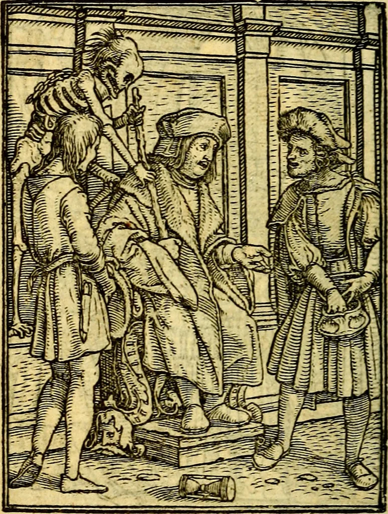 An illustration from Simolachri, historie, e figure de la morte. La medicina de l'anima [di Urbanus Rhegius] Il modo, e la via di consolar gl'infermi. Un sermone di San Cipriano, de la mortalità. Due orationi, l'una à Dio, e l'altra à Christo. Un sermone di D. Giovan Chrisostomo, che ci essorta à patienza. Aiuntovi de novo molte figure mai più stampate, 1549, leaf 49
