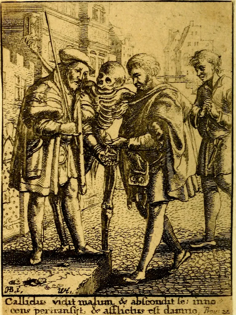 An illustration from Simolachri, historie, e figure de la morte. La medicina de l'anima [di Urbanus Rhegius] Il modo, e la via di consolar gl'infermi. Un sermone di San Cipriano, de la mortalità. Due orationi, l'una à Dio, e l'altra à Christo. Un sermone di D. Giovan Chrisostomo, che ci essorta à patienza. Aiuntovi de novo molte figure mai più stampate, 1549, leaf 51