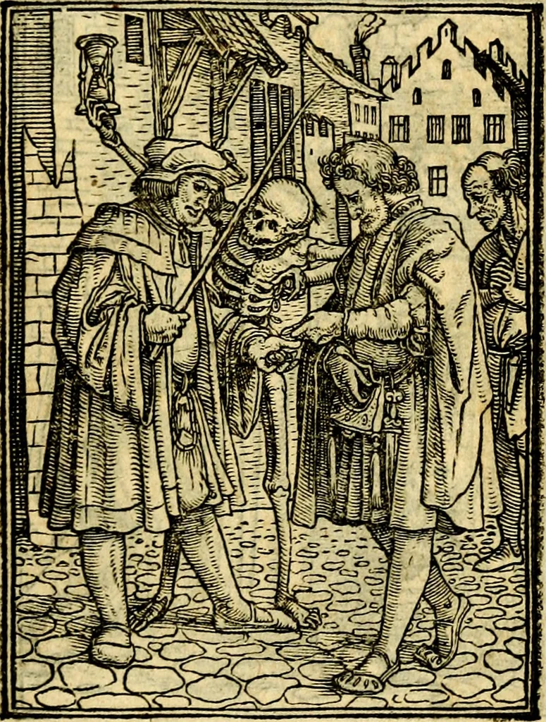An illustration from Simolachri, historie, e figure de la morte. La medicina de l'anima [di Urbanus Rhegius] Il modo, e la via di consolar gl'infermi. Un sermone di San Cipriano, de la mortalità. Due orationi, l'una à Dio, e l'altra à Christo. Un sermone di D. Giovan Chrisostomo, che ci essorta à patienza. Aiuntovi de novo molte figure mai più stampate, 1549, leaf 52