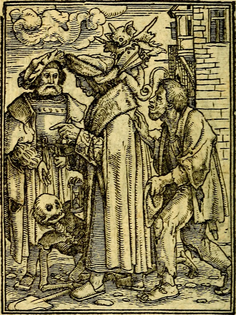 An illustration from Simolachri, historie, e figure de la morte. La medicina de l'anima [di Urbanus Rhegius] Il modo, e la via di consolar gl'infermi. Un sermone di San Cipriano, de la mortalità. Due orationi, l'una à Dio, e l'altra à Christo. Un sermone di D. Giovan Chrisostomo, che ci essorta à patienza. Aiuntovi de novo molte figure mai più stampate, 1549, leaf 53
