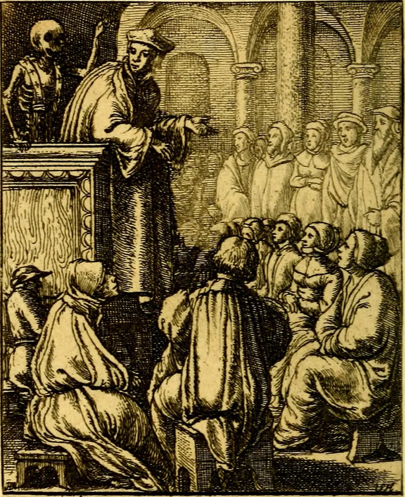 An illustration from Simolachri, historie, e figure de la morte. La medicina de l'anima [di Urbanus Rhegius] Il modo, e la via di consolar gl'infermi. Un sermone di San Cipriano, de la mortalità. Due orationi, l'una à Dio, e l'altra à Christo. Un sermone di D. Giovan Chrisostomo, che ci essorta à patienza. Aiuntovi de novo molte figure mai più stampate, 1549, leaf 55