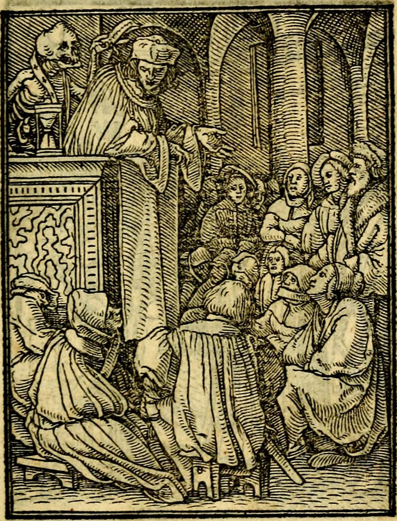 An illustration from Simolachri, historie, e figure de la morte. La medicina de l'anima [di Urbanus Rhegius] Il modo, e la via di consolar gl'infermi. Un sermone di San Cipriano, de la mortalità. Due orationi, l'una à Dio, e l'altra à Christo. Un sermone di D. Giovan Chrisostomo, che ci essorta à patienza. Aiuntovi de novo molte figure mai più stampate, 1549, leaf 56