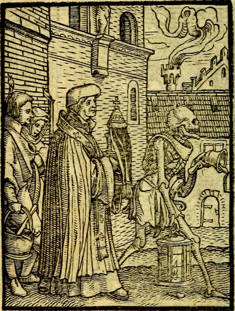 An illustration from Simolachri, historie, e figure de la morte. La medicina de l'anima [di Urbanus Rhegius] Il modo, e la via di consolar gl'infermi. Un sermone di San Cipriano, de la mortalità. Due orationi, l'una à Dio, e l'altra à Christo. Un sermone di D. Giovan Chrisostomo, che ci essorta à patienza. Aiuntovi de novo molte figure mai più stampate, 1549, leaf 57