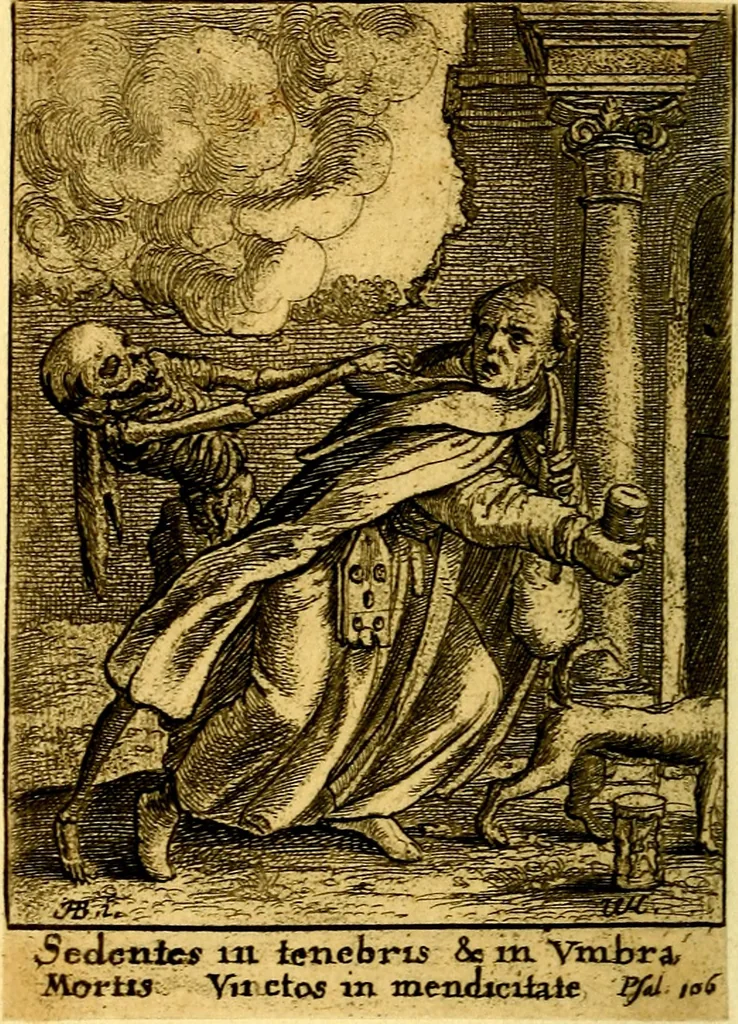 An illustration from Simolachri, historie, e figure de la morte. La medicina de l'anima [di Urbanus Rhegius] Il modo, e la via di consolar gl'infermi. Un sermone di San Cipriano, de la mortalità. Due orationi, l'una à Dio, e l'altra à Christo. Un sermone di D. Giovan Chrisostomo, che ci essorta à patienza. Aiuntovi de novo molte figure mai più stampate, 1549, leaf 59