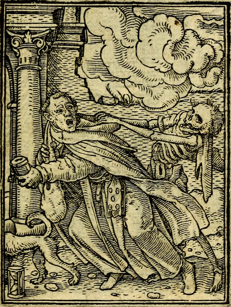 An illustration from Simolachri, historie, e figure de la morte. La medicina de l'anima [di Urbanus Rhegius] Il modo, e la via di consolar gl'infermi. Un sermone di San Cipriano, de la mortalità. Due orationi, l'una à Dio, e l'altra à Christo. Un sermone di D. Giovan Chrisostomo, che ci essorta à patienza. Aiuntovi de novo molte figure mai più stampate, 1549, leaf 60