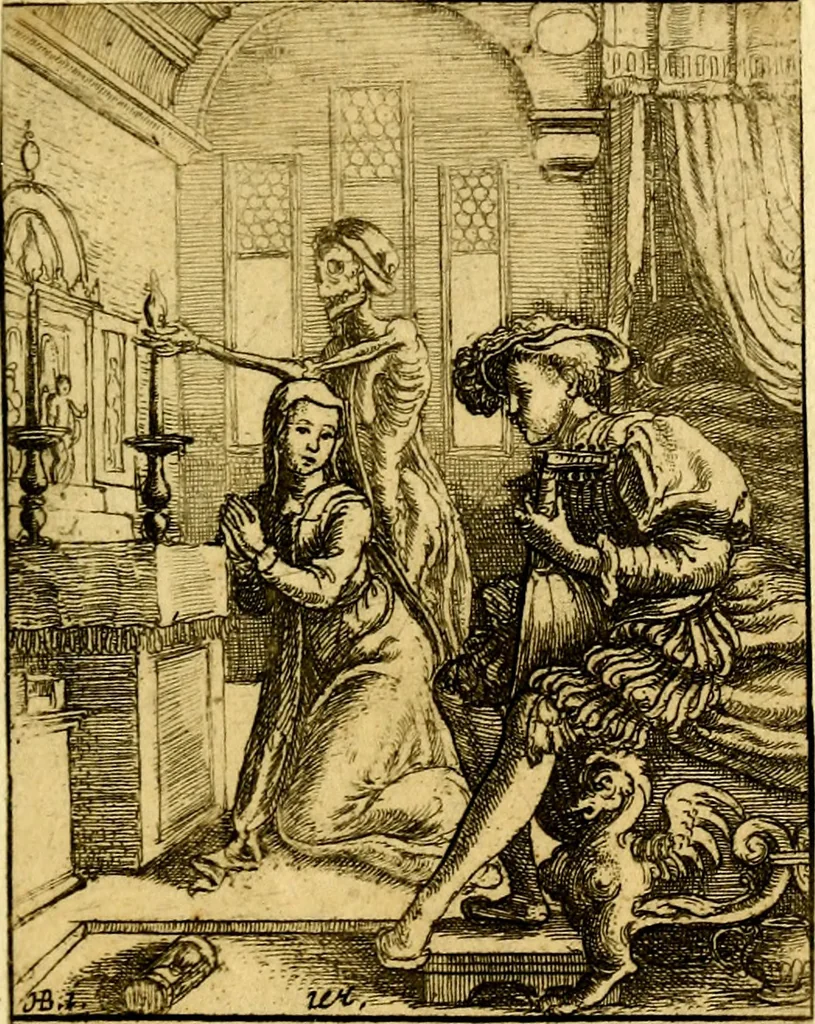 An illustration from Simolachri, historie, e figure de la morte. La medicina de l'anima [di Urbanus Rhegius] Il modo, e la via di consolar gl'infermi. Un sermone di San Cipriano, de la mortalità. Due orationi, l'una à Dio, e l'altra à Christo. Un sermone di D. Giovan Chrisostomo, che ci essorta à patienza. Aiuntovi de novo molte figure mai più stampate, 1549, leaf 62