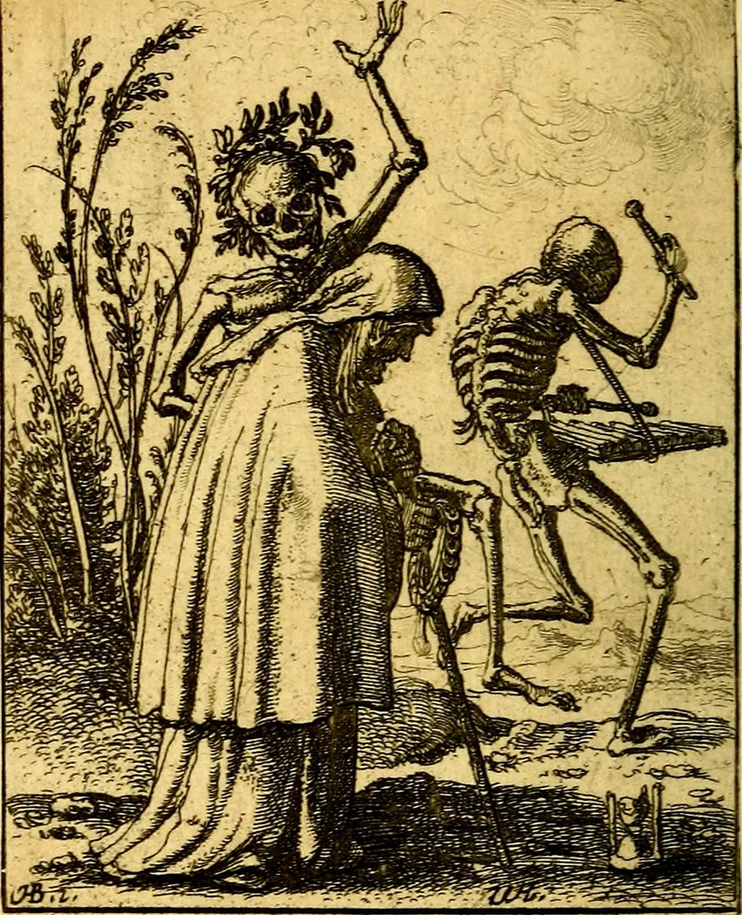 An illustration from Simolachri, historie, e figure de la morte. La medicina de l'anima [di Urbanus Rhegius] Il modo, e la via di consolar gl'infermi. Un sermone di San Cipriano, de la mortalità. Due orationi, l'una à Dio, e l'altra à Christo. Un sermone di D. Giovan Chrisostomo, che ci essorta à patienza. Aiuntovi de novo molte figure mai più stampate, 1549, leaf 65